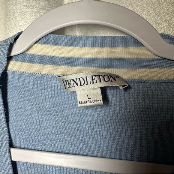 Pendleton Cardigan Sweater Blue White Striped Silk Sz L Preppy Academia Varsity - Picture 4 of 13